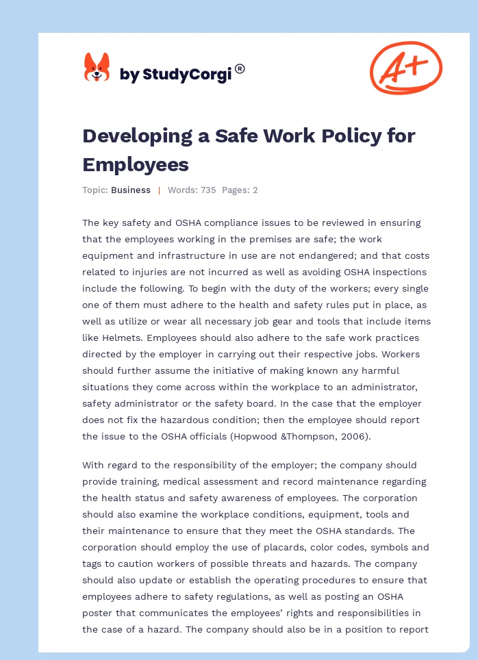 Developing a Safe Work Policy for Employees. Page 1