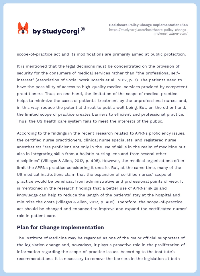 Healthcare Policy Change Implementation Plan. Page 2