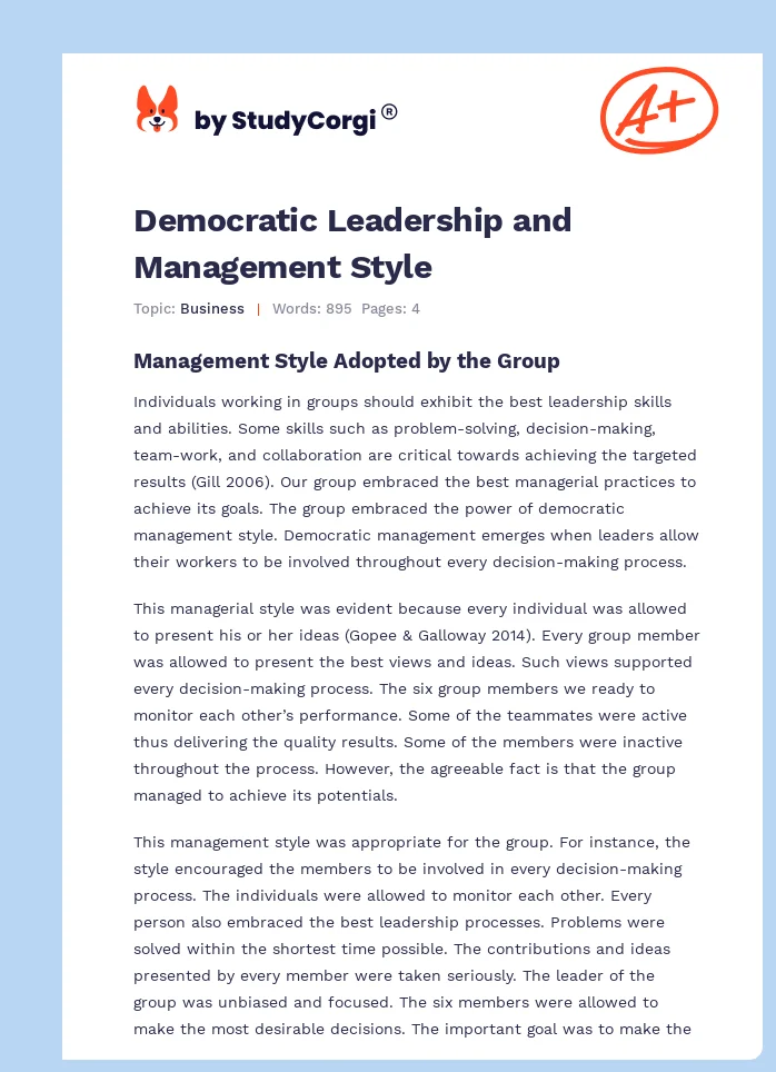 Democratic Leadership and Management Style. Page 1