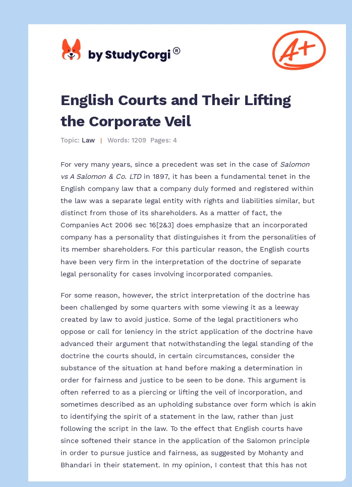 English Courts and Their Lifting the Corporate Veil. Page 1