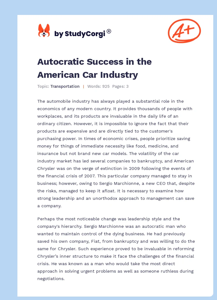 Autocratic Success in the American Car Industry. Page 1