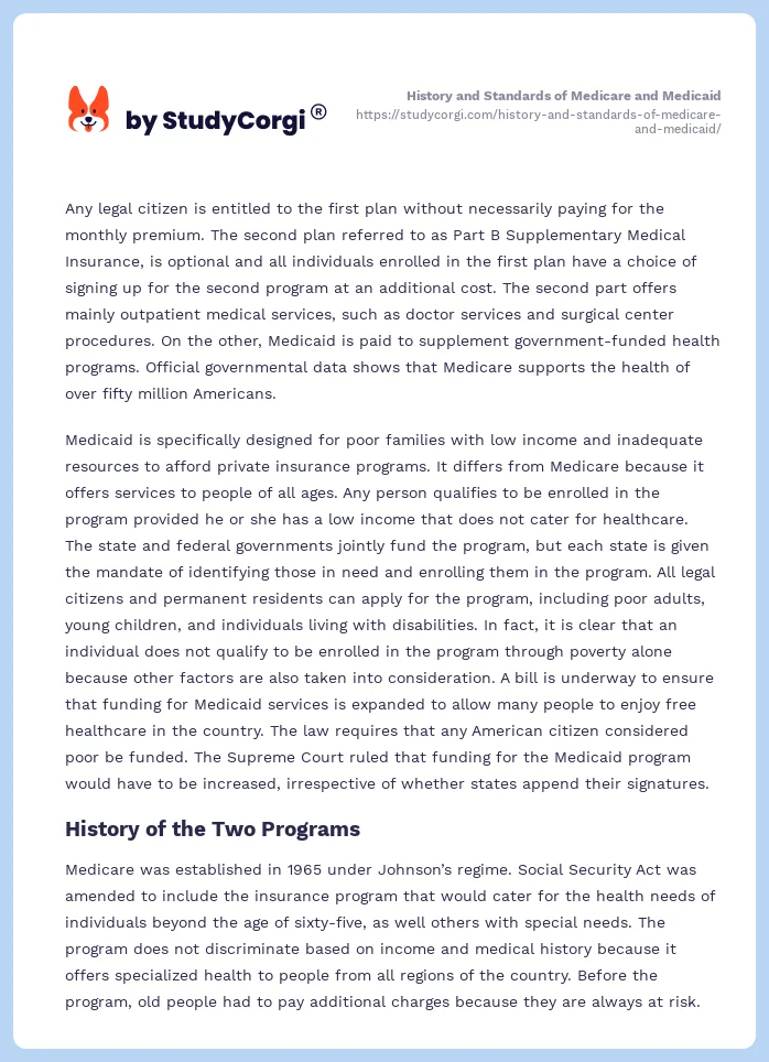 History and Standards of Medicare and Medicaid. Page 2