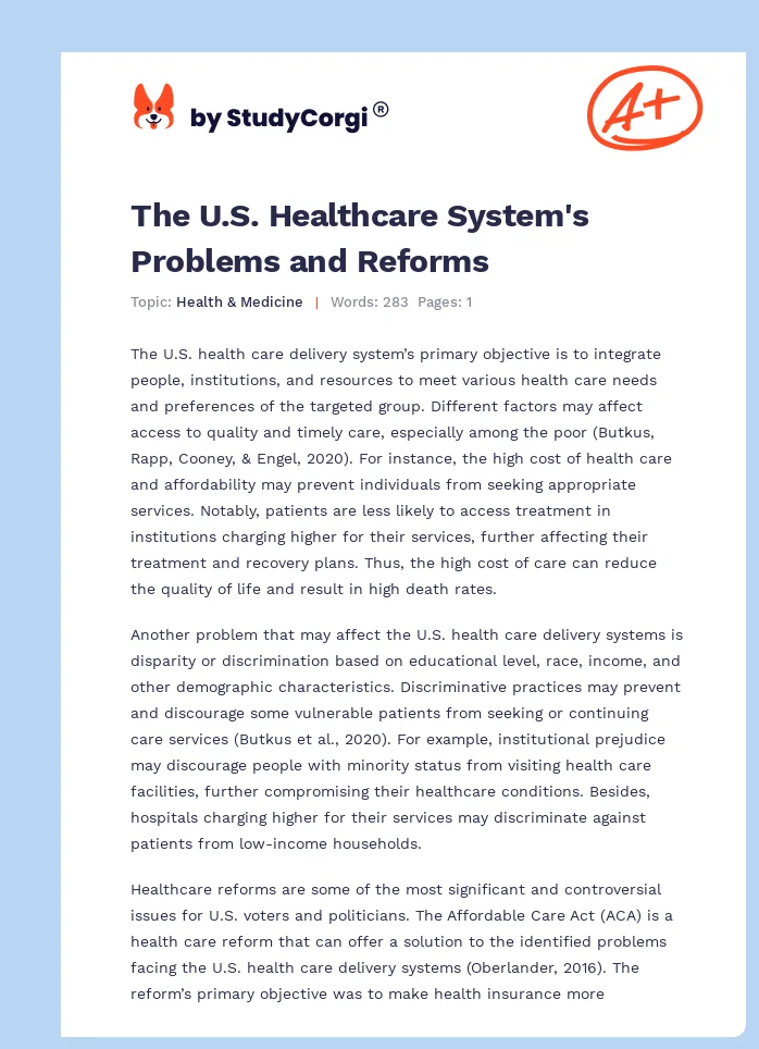 The U.S. Healthcare System's Problems and Reforms. Page 1