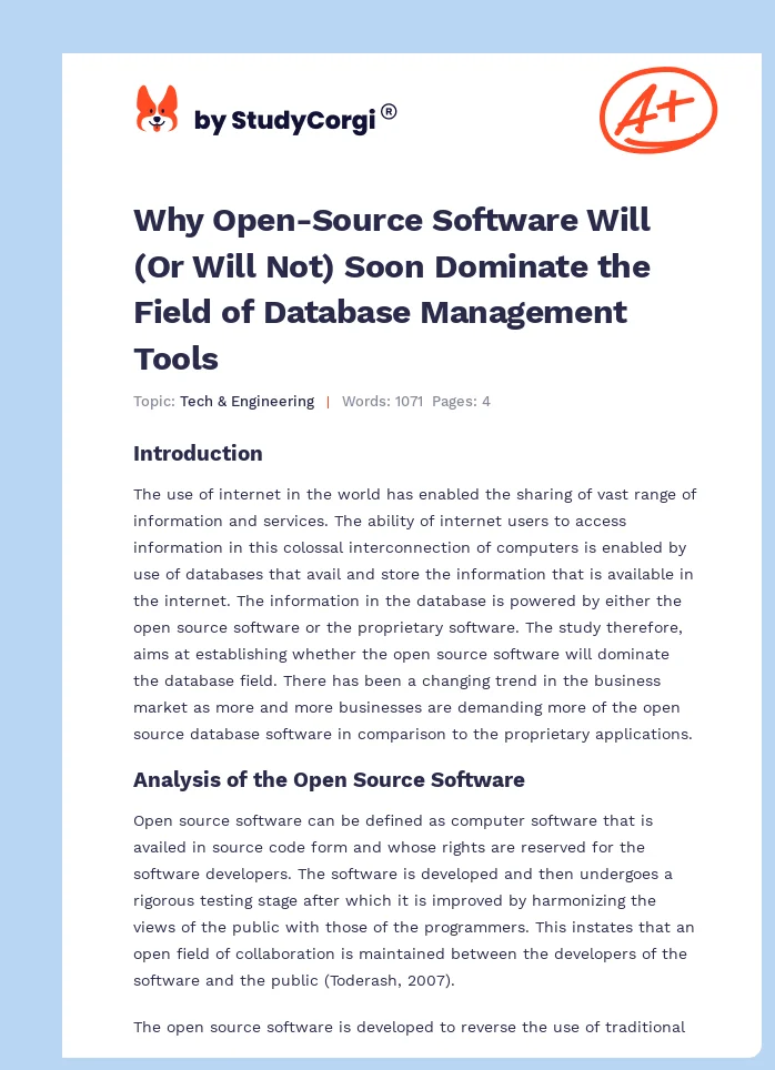 Why Open-Source Software Will (Or Will Not) Soon Dominate the Field of Database Management Tools. Page 1