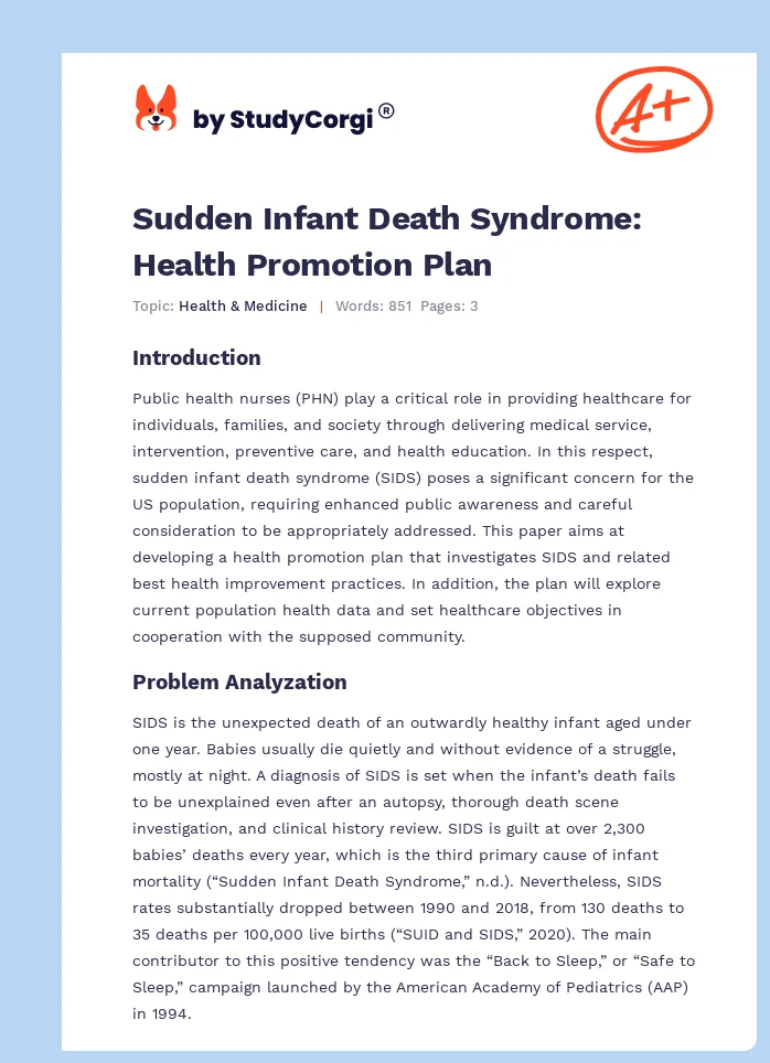 Sudden Infant Death Syndrome: Health Promotion Plan. Page 1