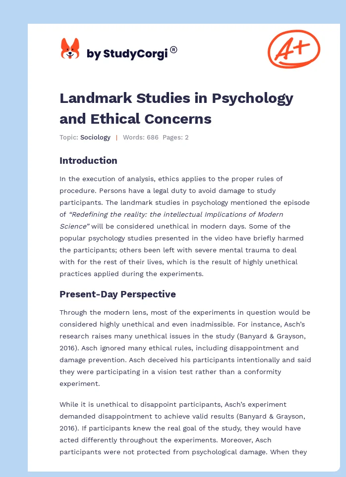 Landmark Studies in Psychology and Ethical Concerns. Page 1