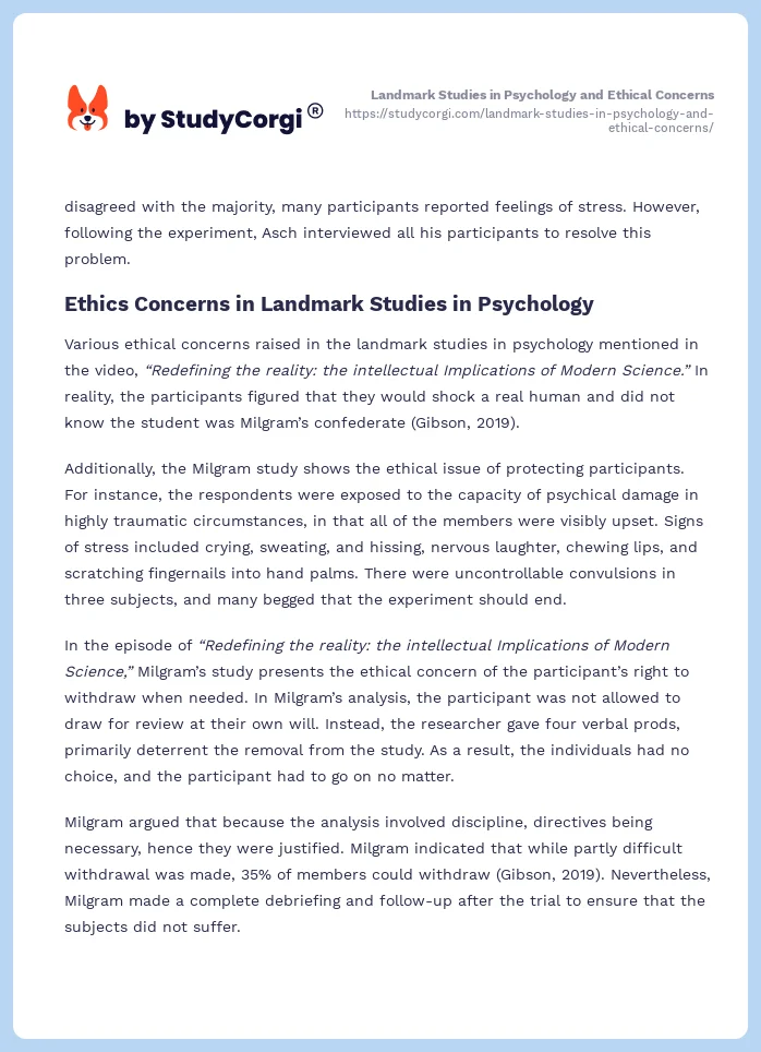 Landmark Studies in Psychology and Ethical Concerns. Page 2