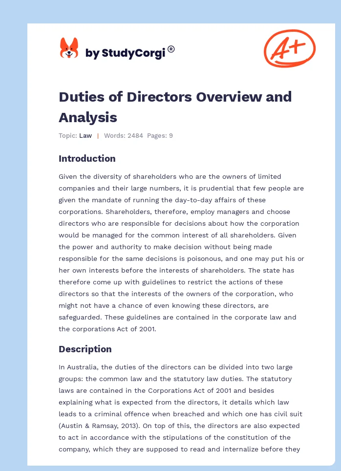 Duties of Directors Overview and Analysis. Page 1