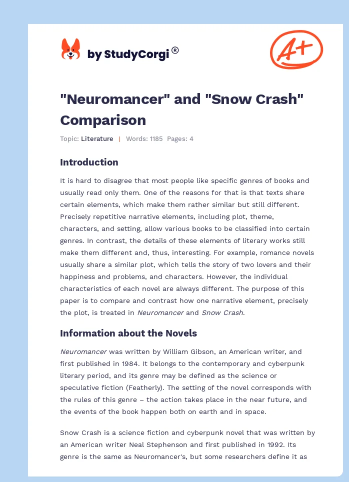 "Neuromancer" and "Snow Crash" Comparison. Page 1