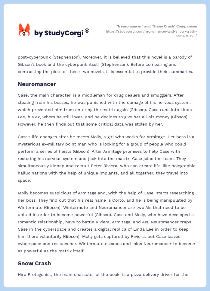 "Neuromancer" and "Snow Crash" Comparison. Page 2
