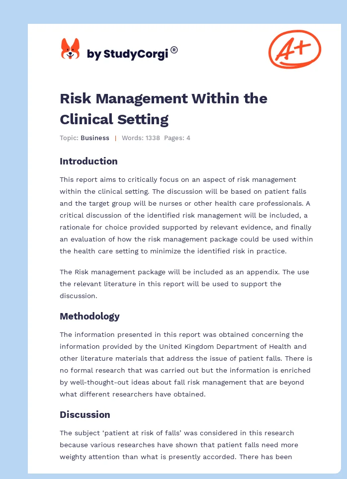 Risk Management Within the Clinical Setting. Page 1