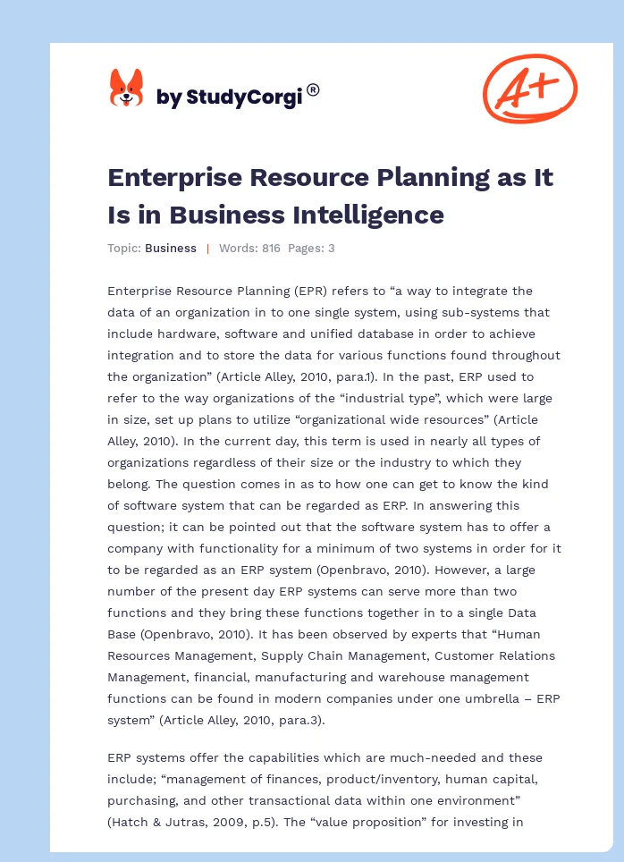 Enterprise Resource Planning as It Is in Business Intelligence. Page 1