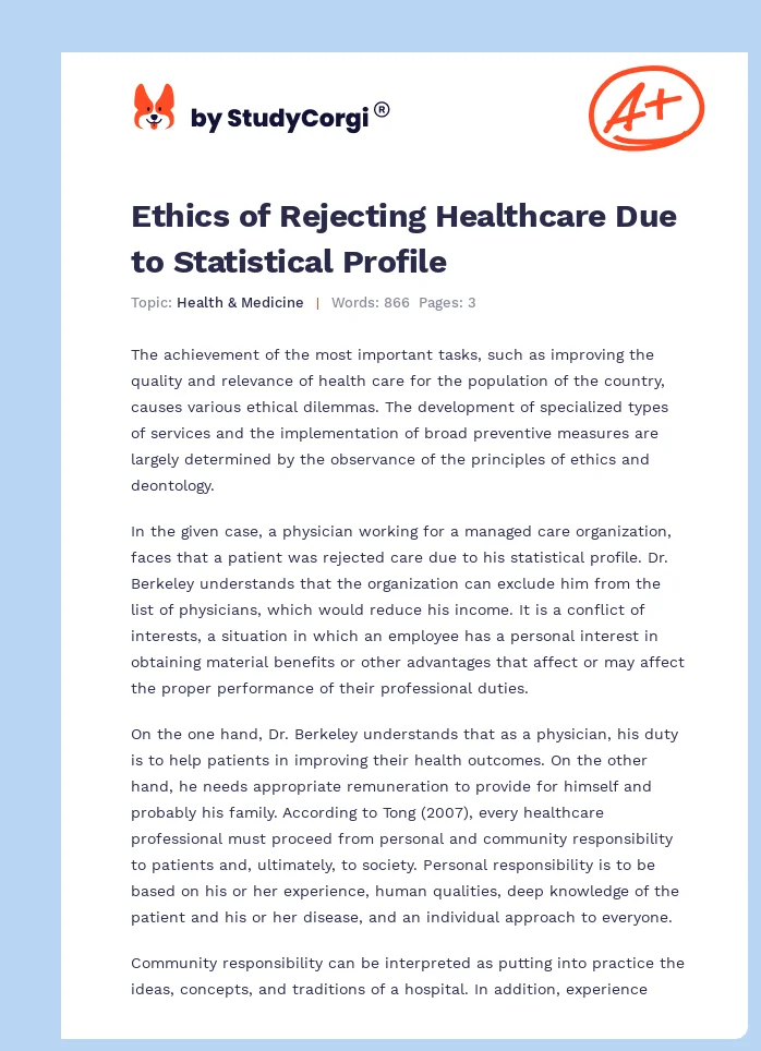 Ethics of Rejecting Healthcare Due to Statistical Profile. Page 1