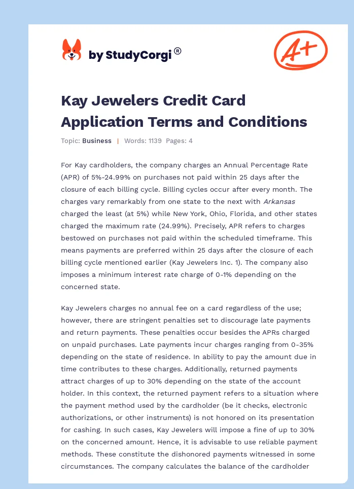 Kay Jewelers Credit Card Application Terms and Conditions. Page 1
