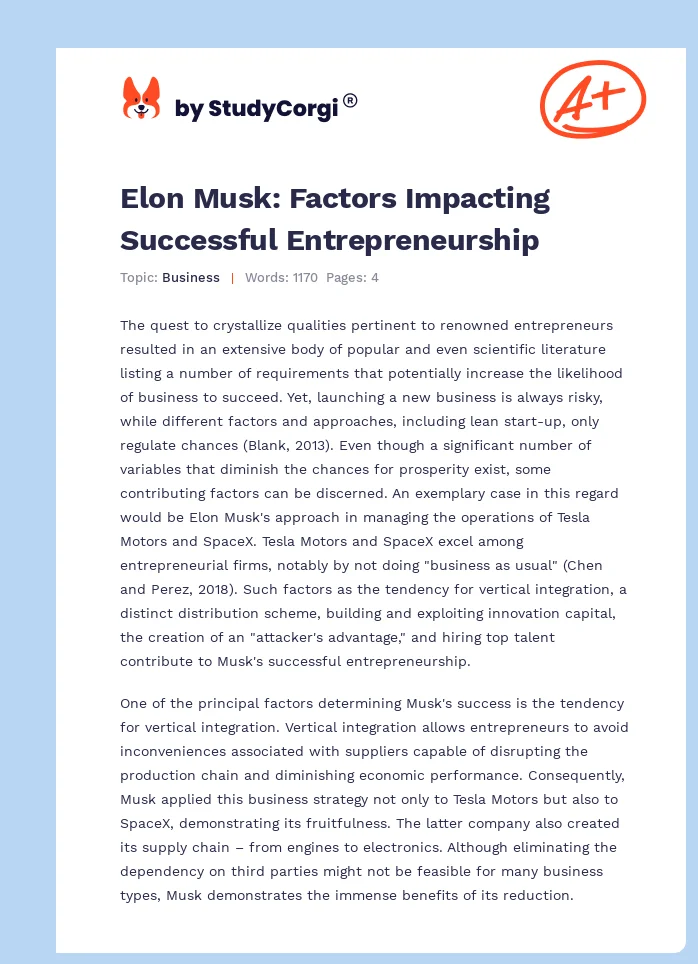 Elon Musk: Factors Impacting Successful Entrepreneurship. Page 1