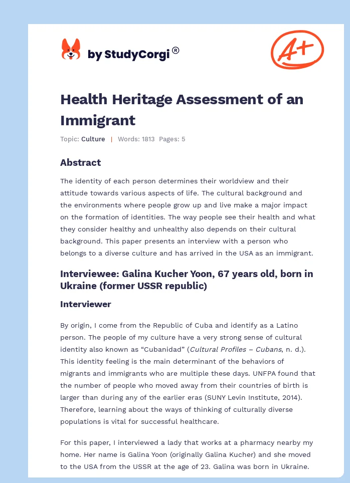 Health Heritage Assessment of an Immigrant. Page 1