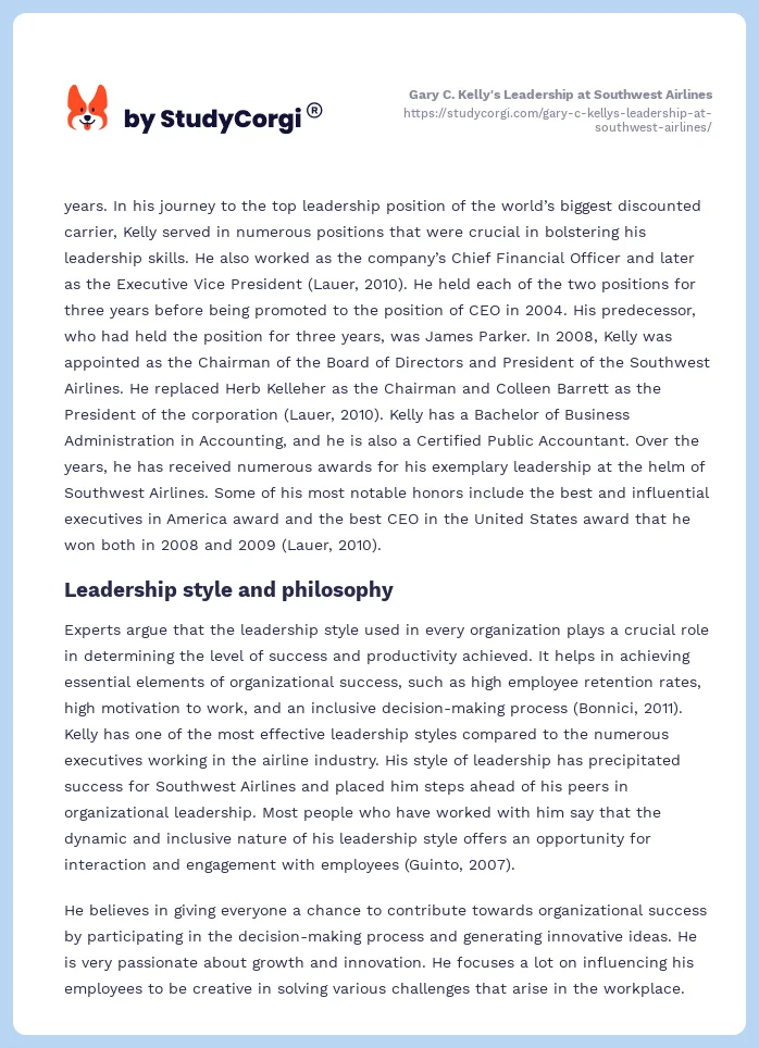 Gary C. Kelly's Leadership at Southwest Airlines. Page 2
