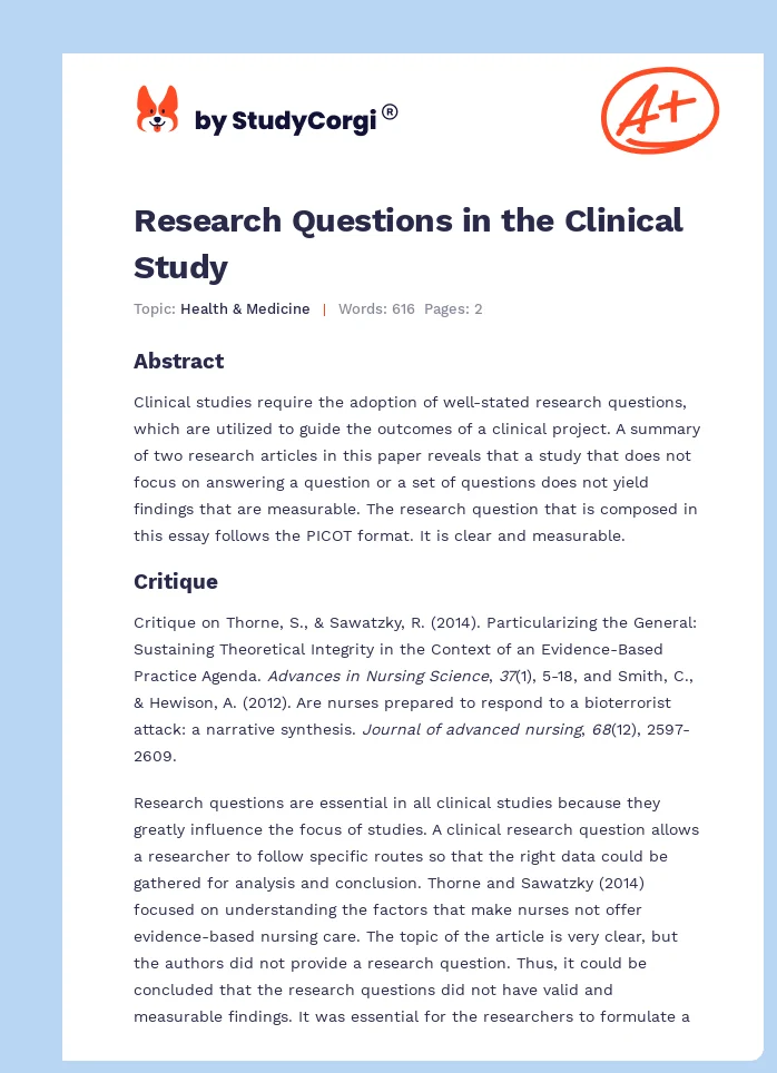 Research Questions in the Clinical Study. Page 1