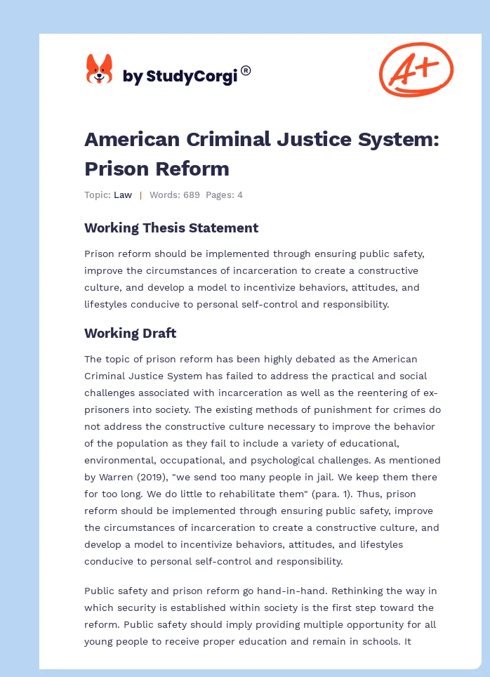 American Criminal Justice System: Prison Reform. Page 1