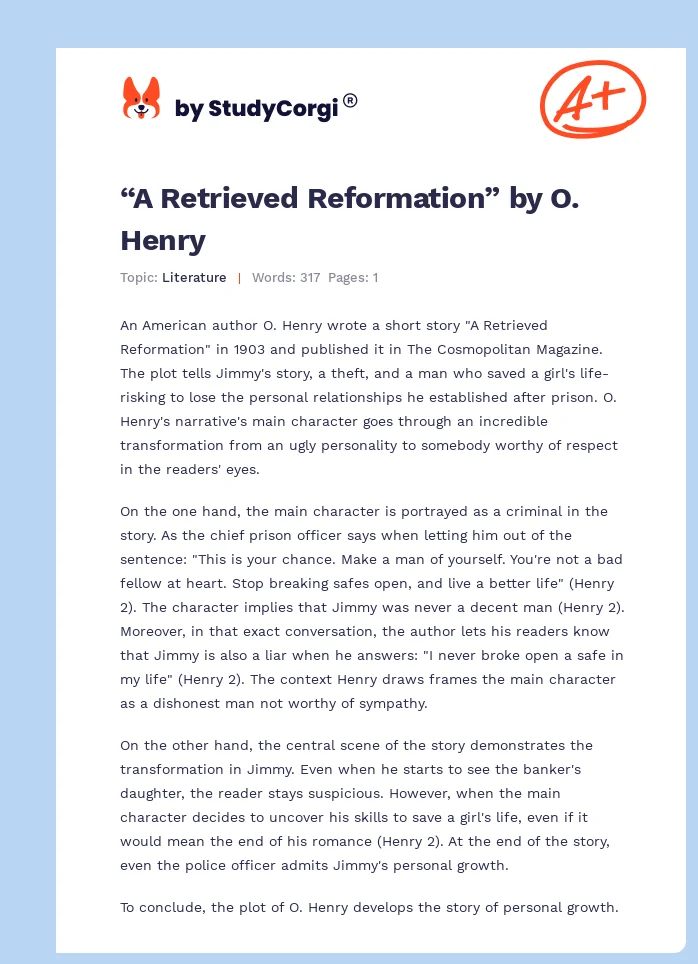 “A Retrieved Reformation” by O. Henry. Page 1