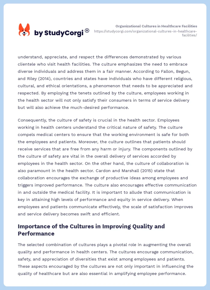 Organizational Cultures in Healthcare Facilities. Page 2