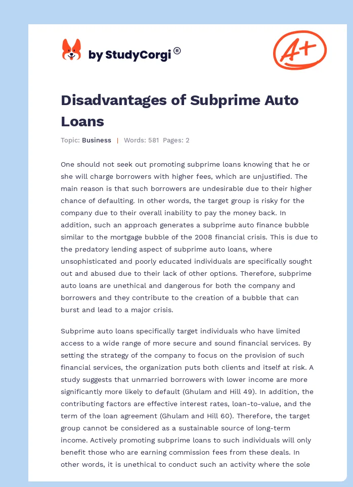 Disadvantages of Subprime Auto Loans. Page 1