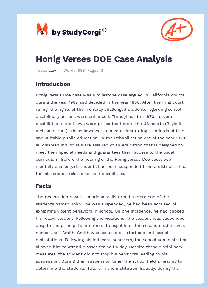 Honig Verses DOE Case Analysis. Page 1