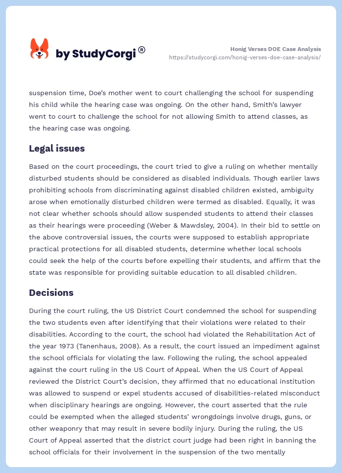 Honig Verses DOE Case Analysis. Page 2