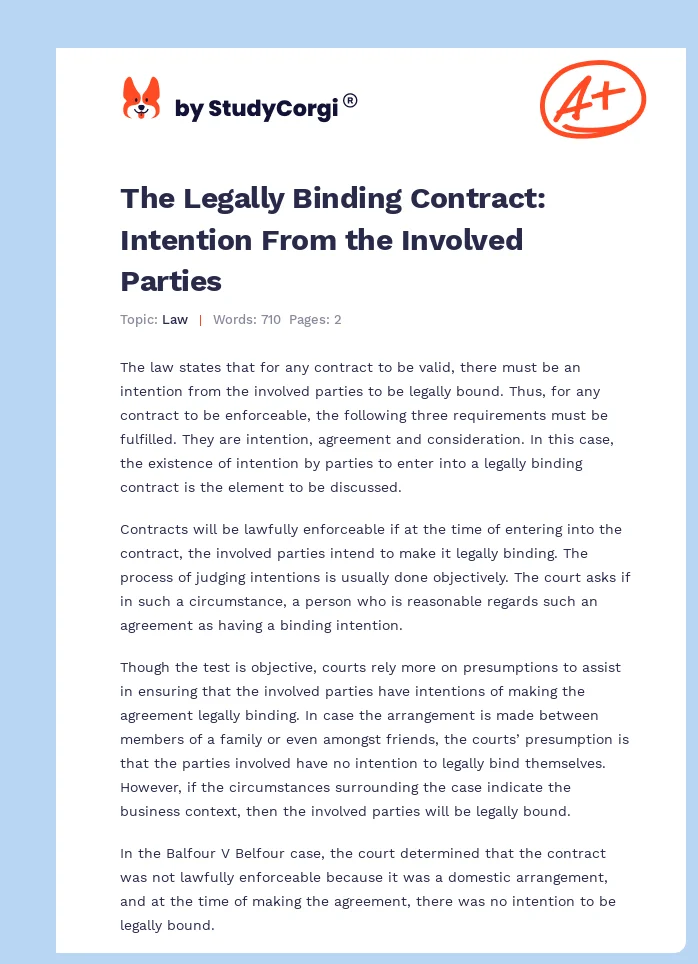 The Legally Binding Contract: Intention From the Involved Parties. Page 1