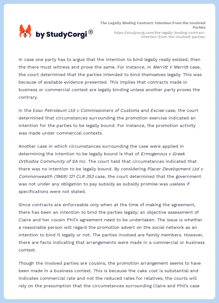 The Legally Binding Contract: Intention From the Involved Parties. Page 2