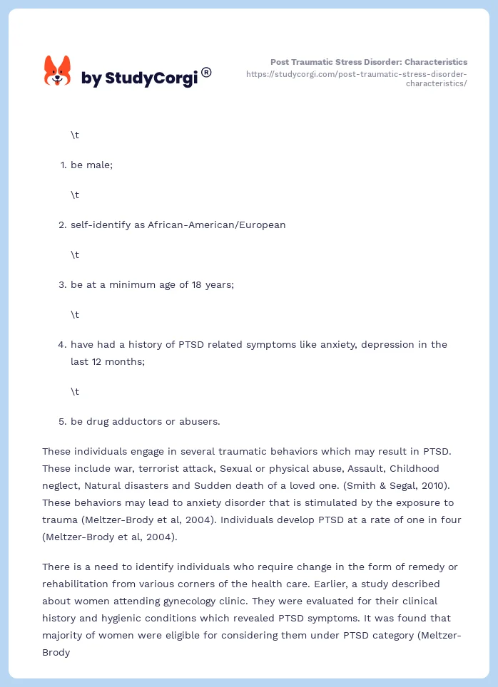 Post Traumatic Stress Disorder: Characteristics. Page 2