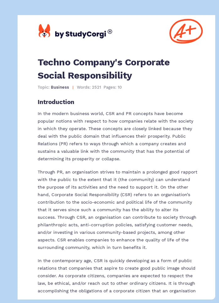 Techno Company's Corporate Social Responsibility. Page 1