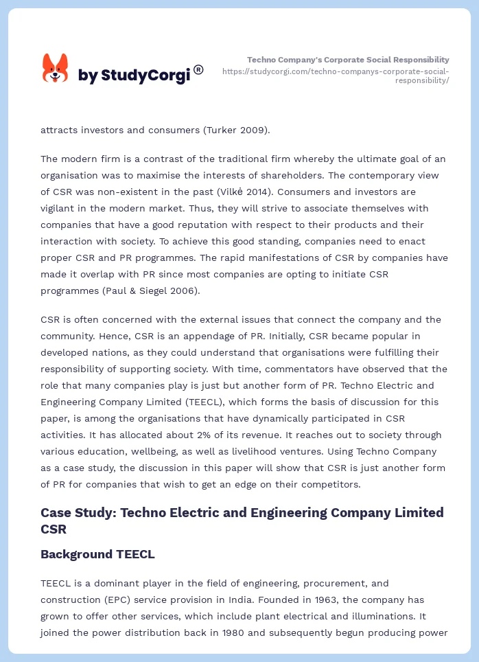 Techno Company's Corporate Social Responsibility. Page 2