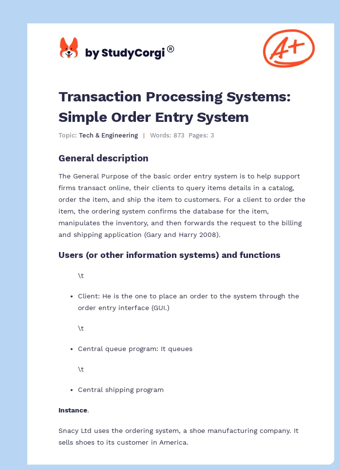 Transaction Processing Systems: Simple Order Entry System. Page 1