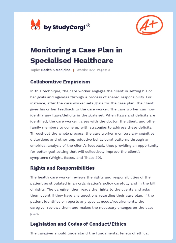 Monitoring a Case Plan in Specialised Healthcare. Page 1