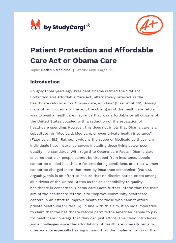 Patient Protection and Affordable Care Act or Obama Care. Page 1