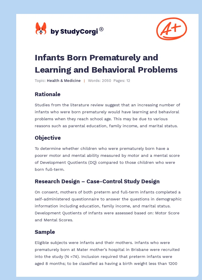 Infants Born Prematurely and Learning and Behavioral Problems. Page 1