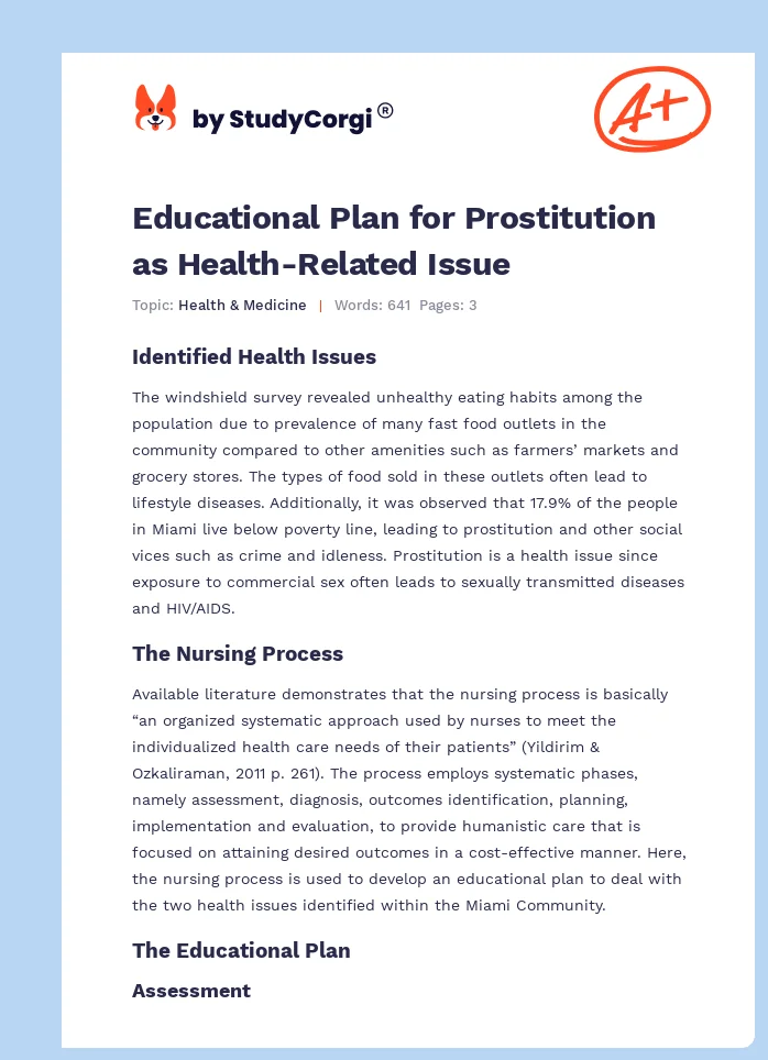 Educational Plan for Prostitution as Health-Related Issue. Page 1