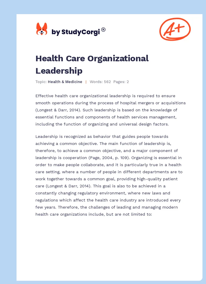Health Care Organizational Leadership. Page 1