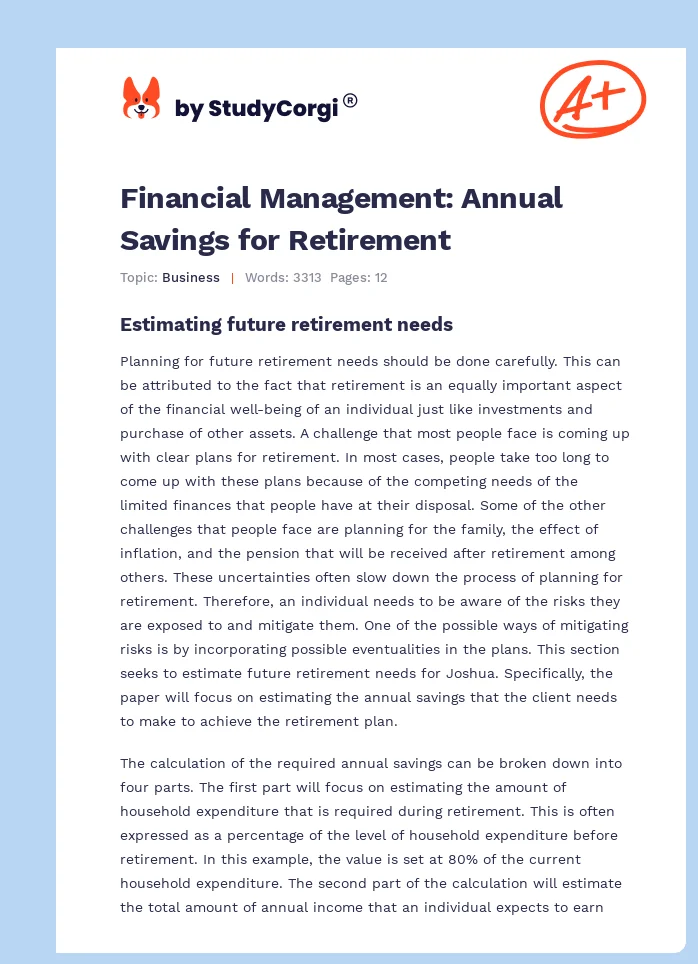 Financial Management: Annual Savings for Retirement. Page 1