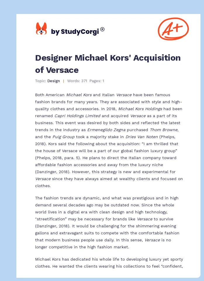 Designer Michael Kors' Acquisition of Versace. Page 1