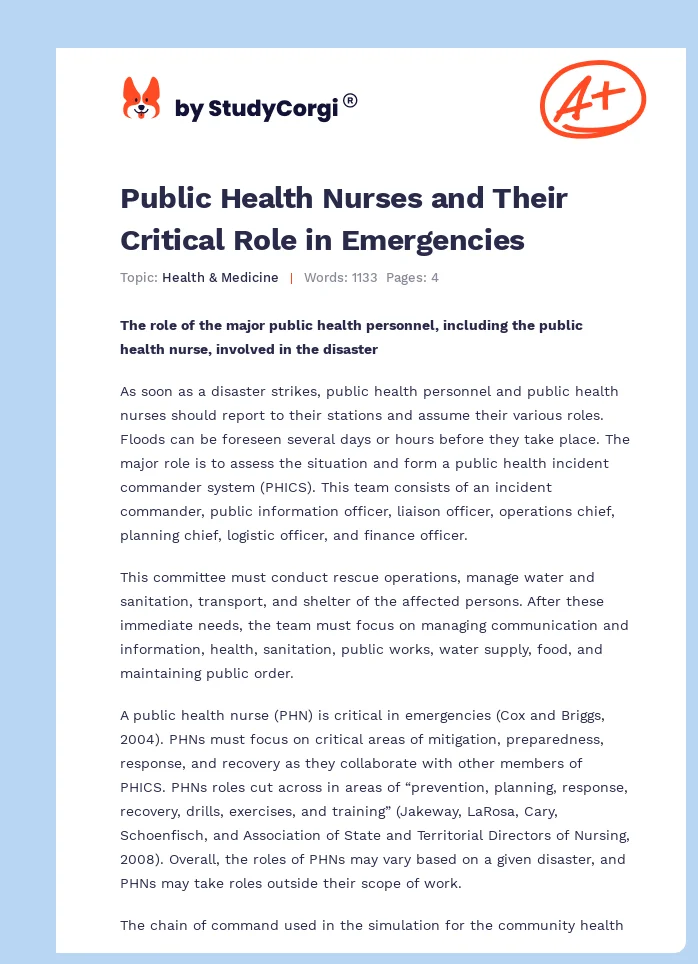 Public Health Nurses and Their Critical Role in Emergencies. Page 1