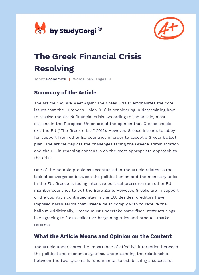 The Greek Financial Crisis Resolving. Page 1