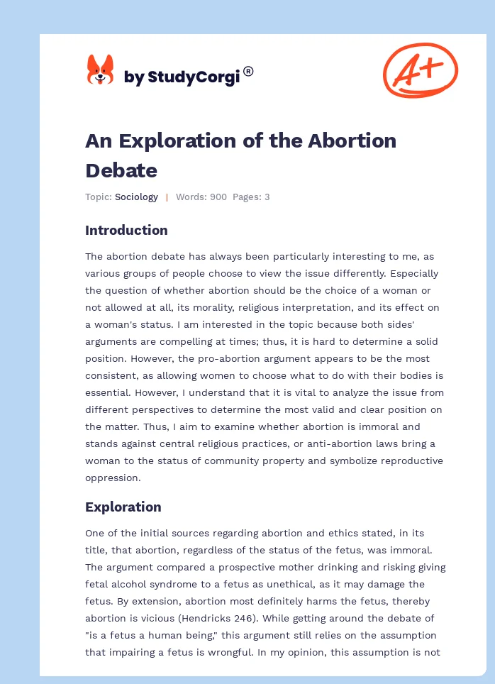 An Exploration of the Abortion Debate. Page 1
