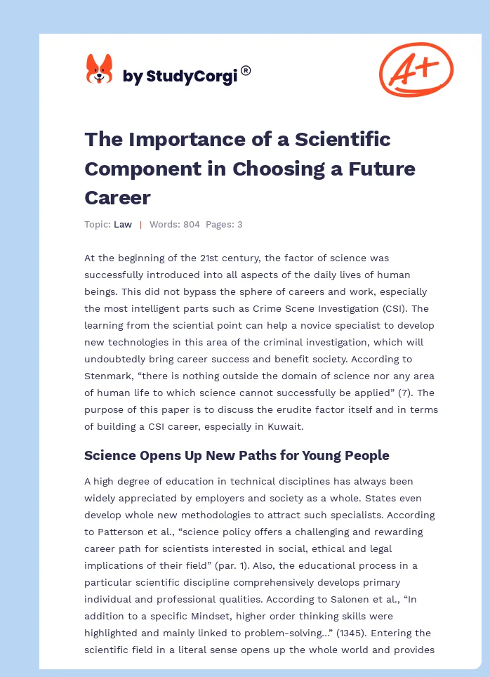 The Importance of a Scientific Component in Choosing a Future Career. Page 1