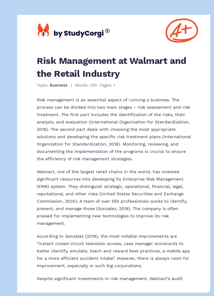 Risk Management at Walmart and the Retail Industry. Page 1