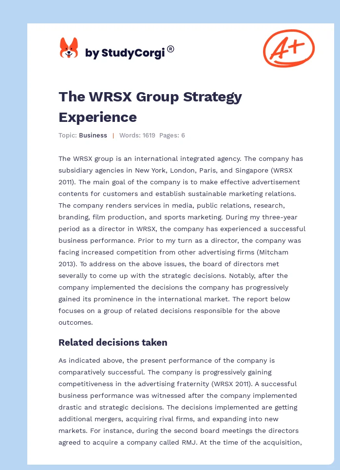The WRSX Group Strategy Experience. Page 1
