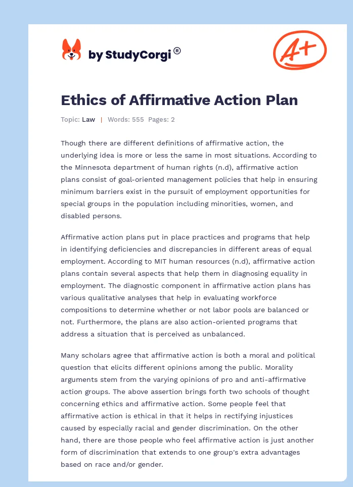 Ethics of Affirmative Action Plan. Page 1
