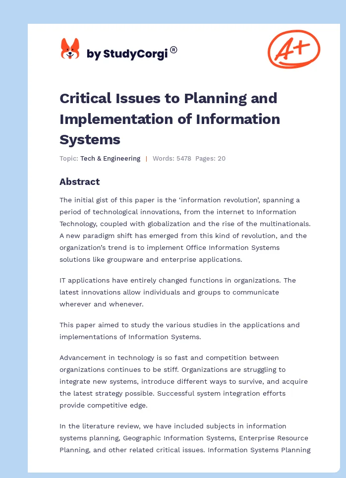 Critical Issues to Planning and Implementation of Information Systems. Page 1