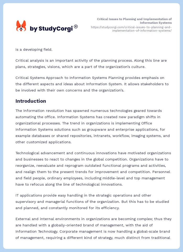 Critical Issues to Planning and Implementation of Information Systems. Page 2